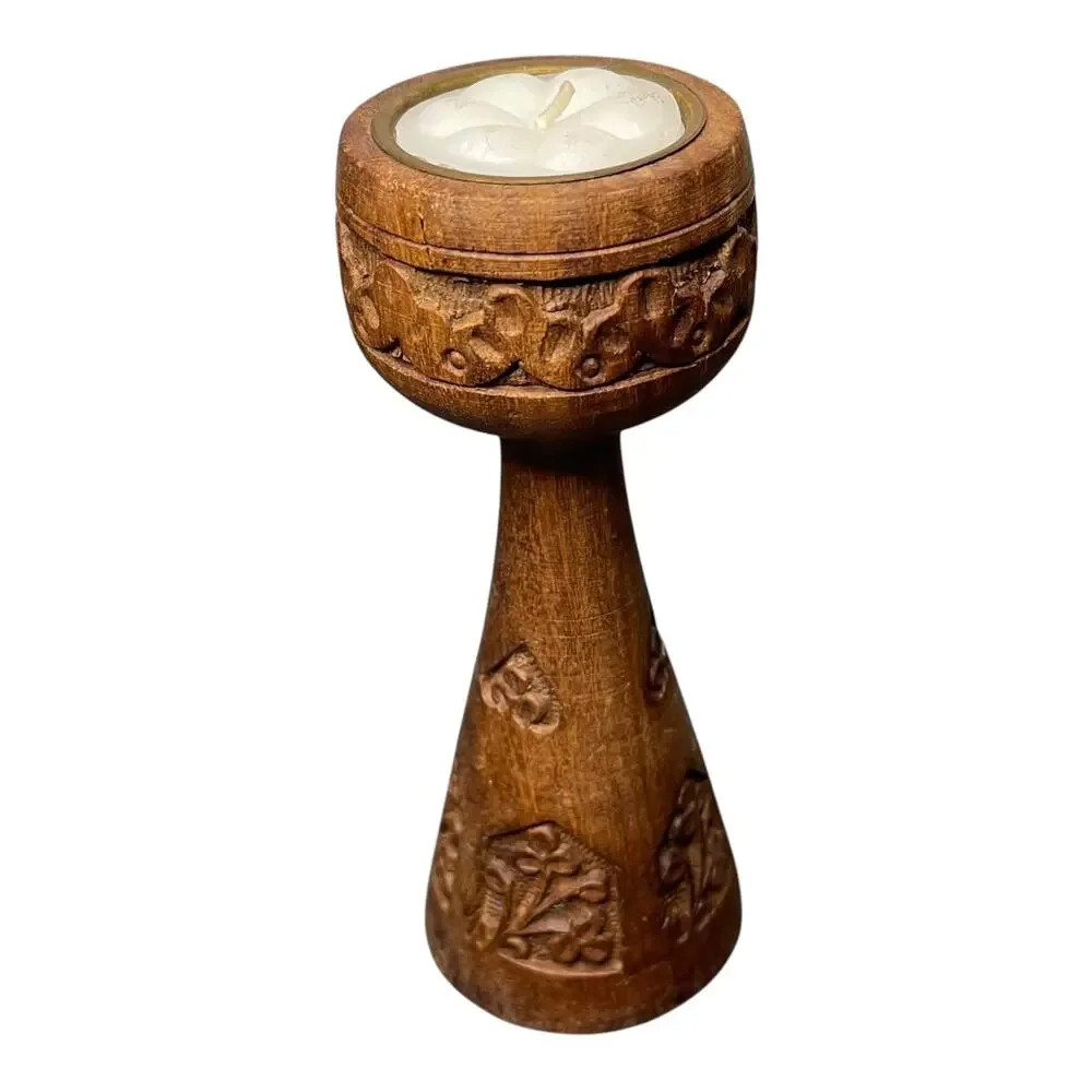 Hand-Carved Wooden Tea Light Candle Holder Floral Design Signed Made in India - Picture 2 of 9